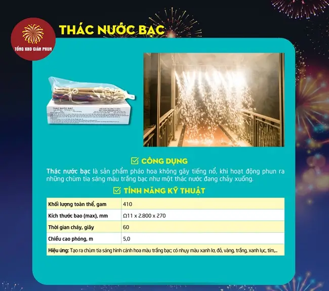 Thông số pháo hoa thác nước bạc z121